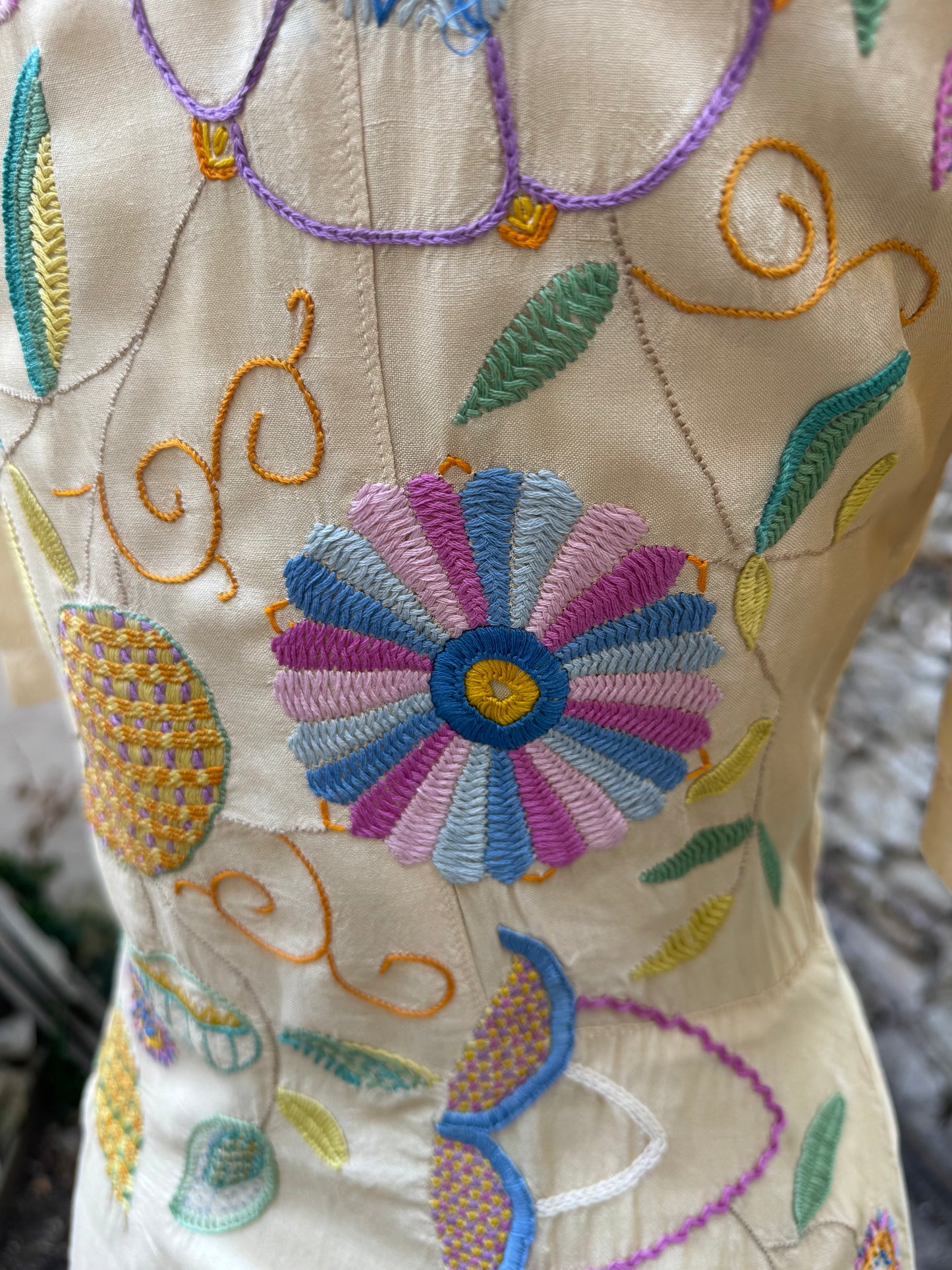 1940s Embroidered Raw Silk Wrap Dress