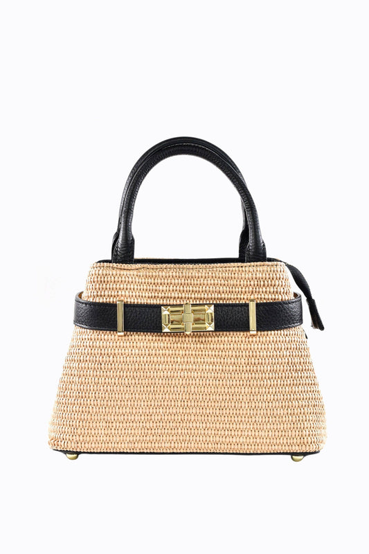Shoulder Bag in Black Leather and Raffia