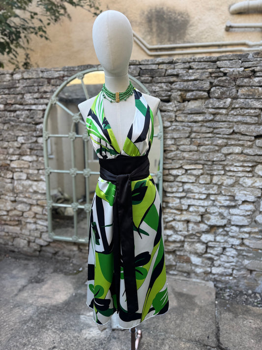 Black White Green Halterneck Satin Vintage Dress