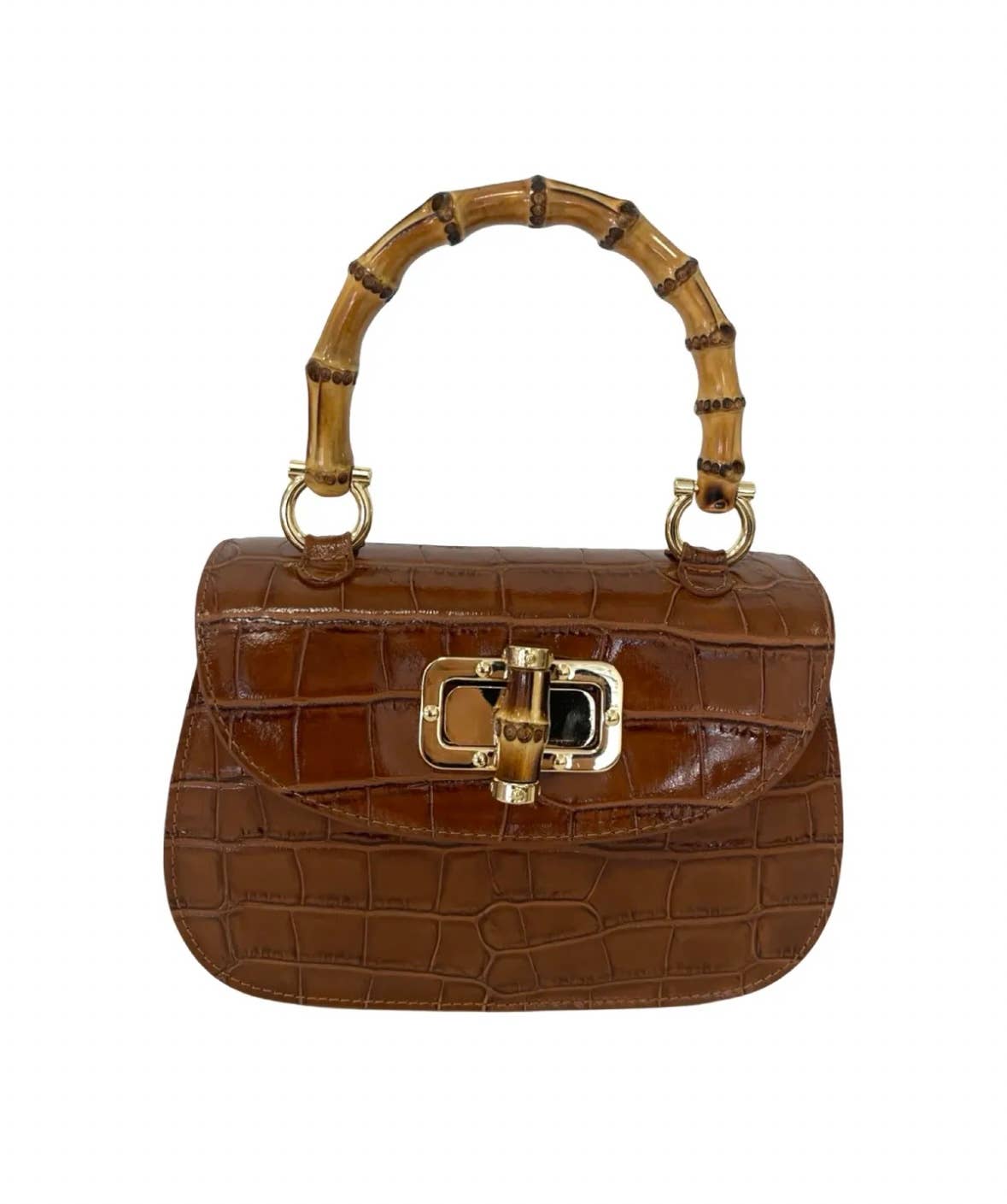 Bamboo Handle Bag in  Red Brushed Leather with Crocodile Print