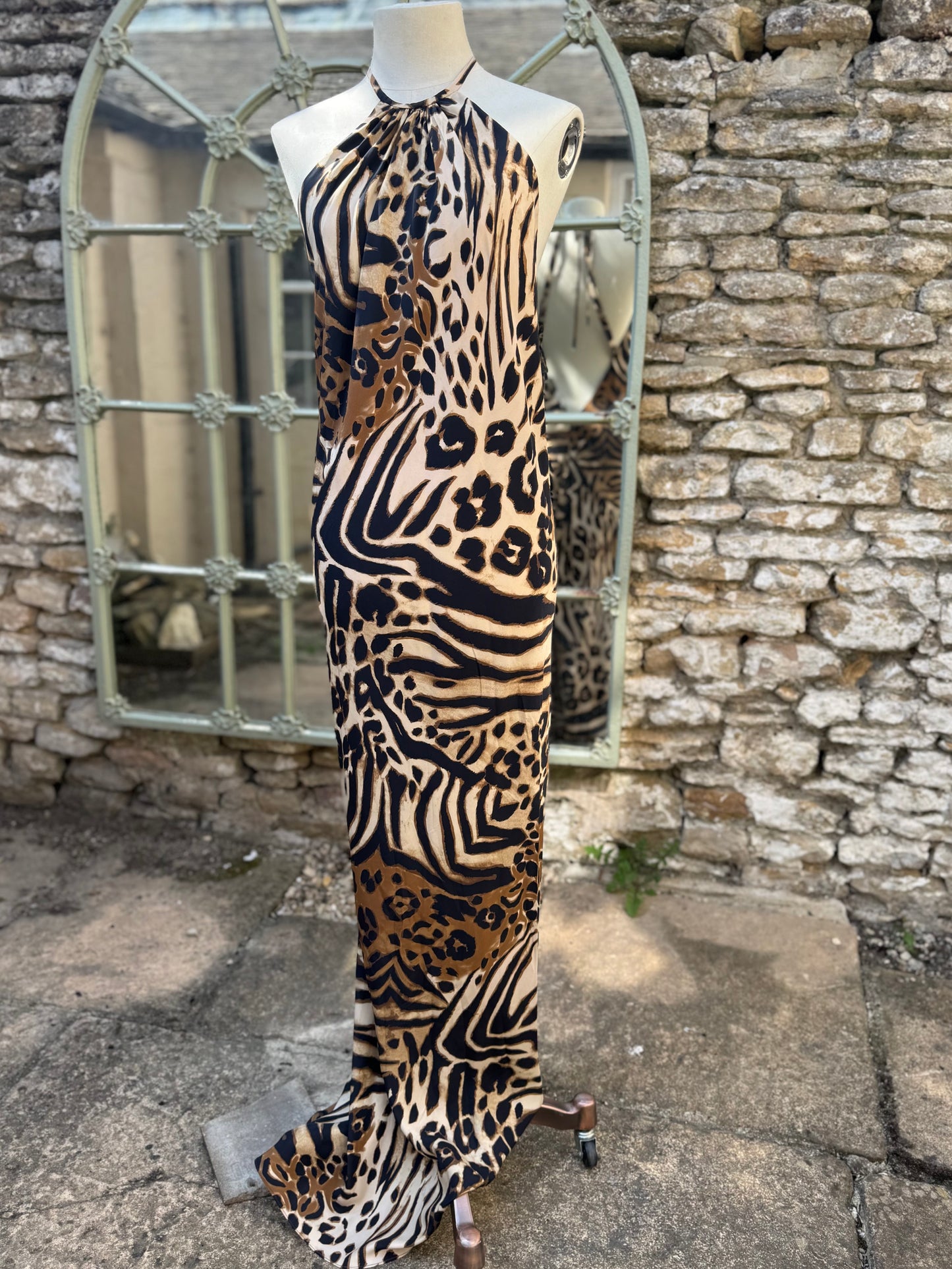 Animal Print Halterneck Bias Cut Silk Maxi Dress