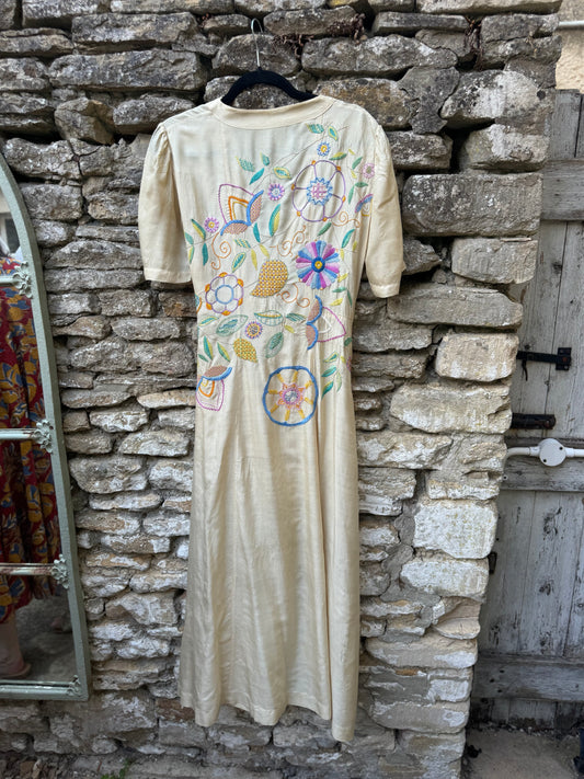 1940s Embroidered Raw Silk Wrap Dress
