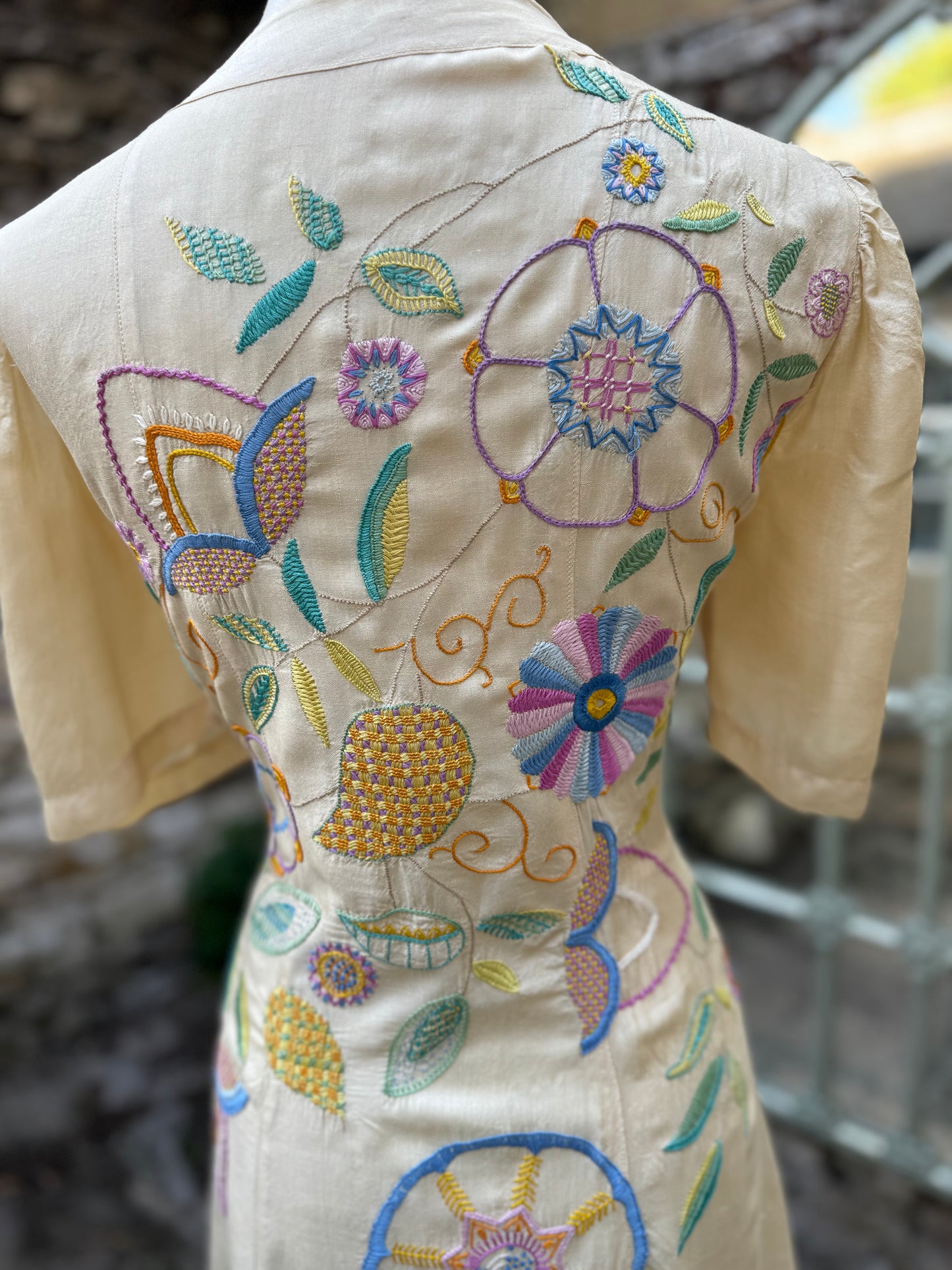 1940s Embroidered Raw Silk Wrap Dress