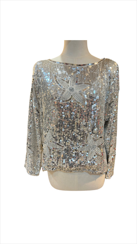 Vintage 1960s Frank Usher Silver Sequin Top – UK 12–14