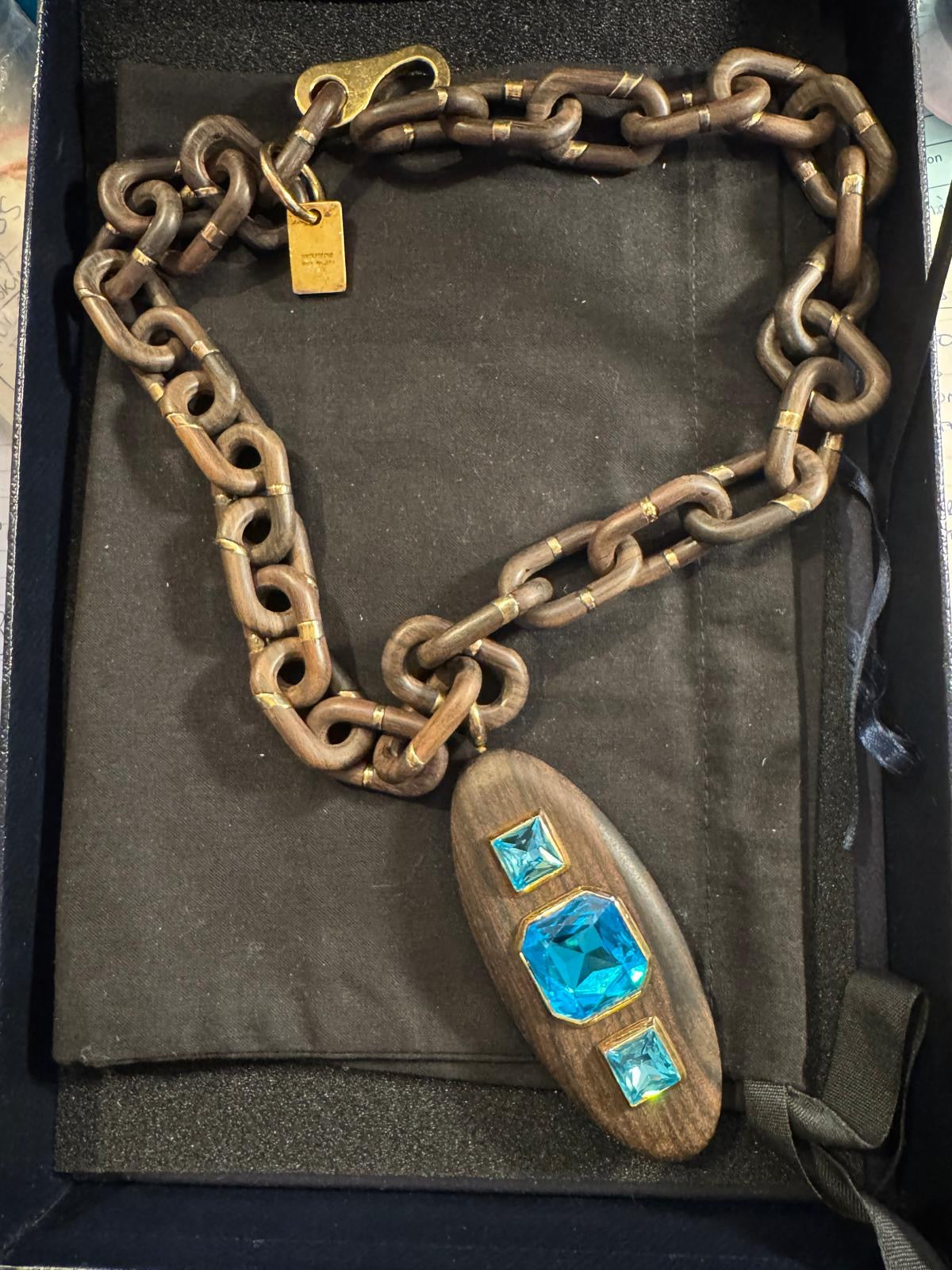 Prada Wooden Chain Necklace with Blue Crystal Pendant