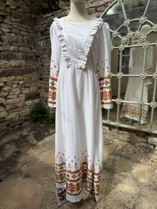 White 1970s Bohemian Embroidered Long Sleeved Maxi Dress