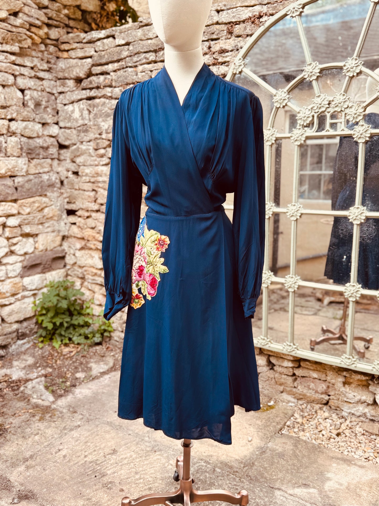 1940s Blue Wrap Dress with Appliqué