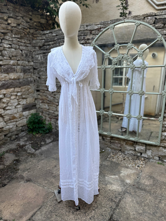 White Cotton Edwardian Lawn Gown with Lace Detail