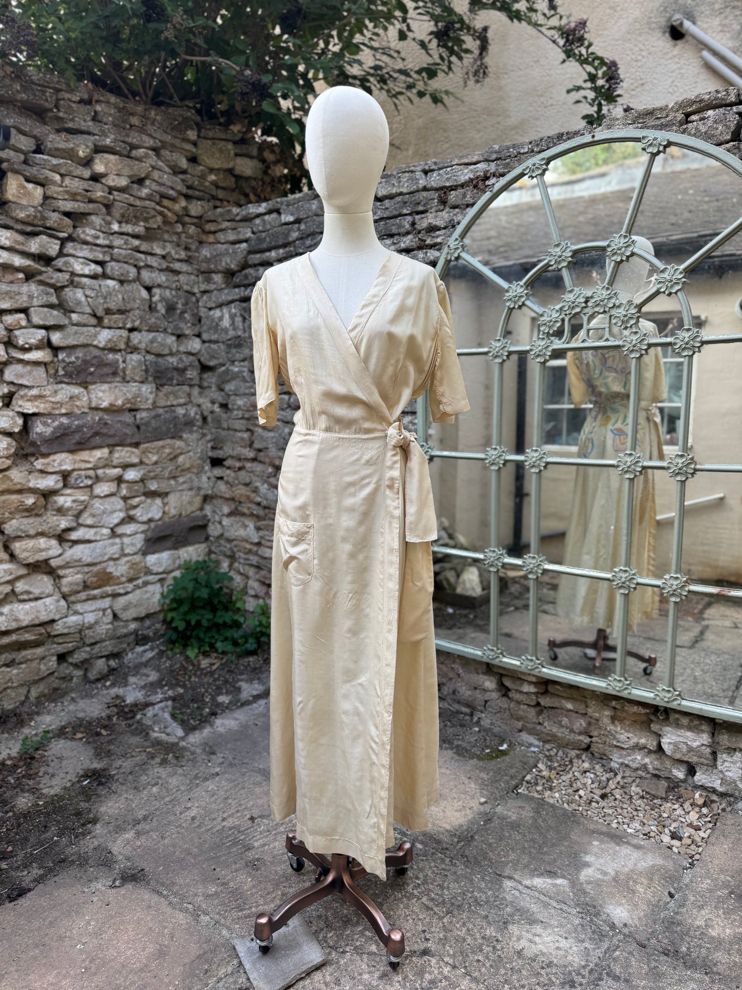 1940s Embroidered Raw Silk Wrap Dress