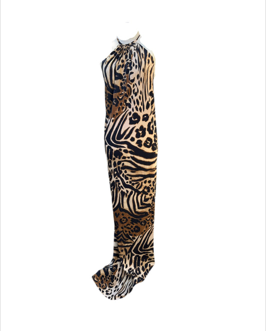 Animal Print Halterneck Bias Cut Silk Maxi Dress