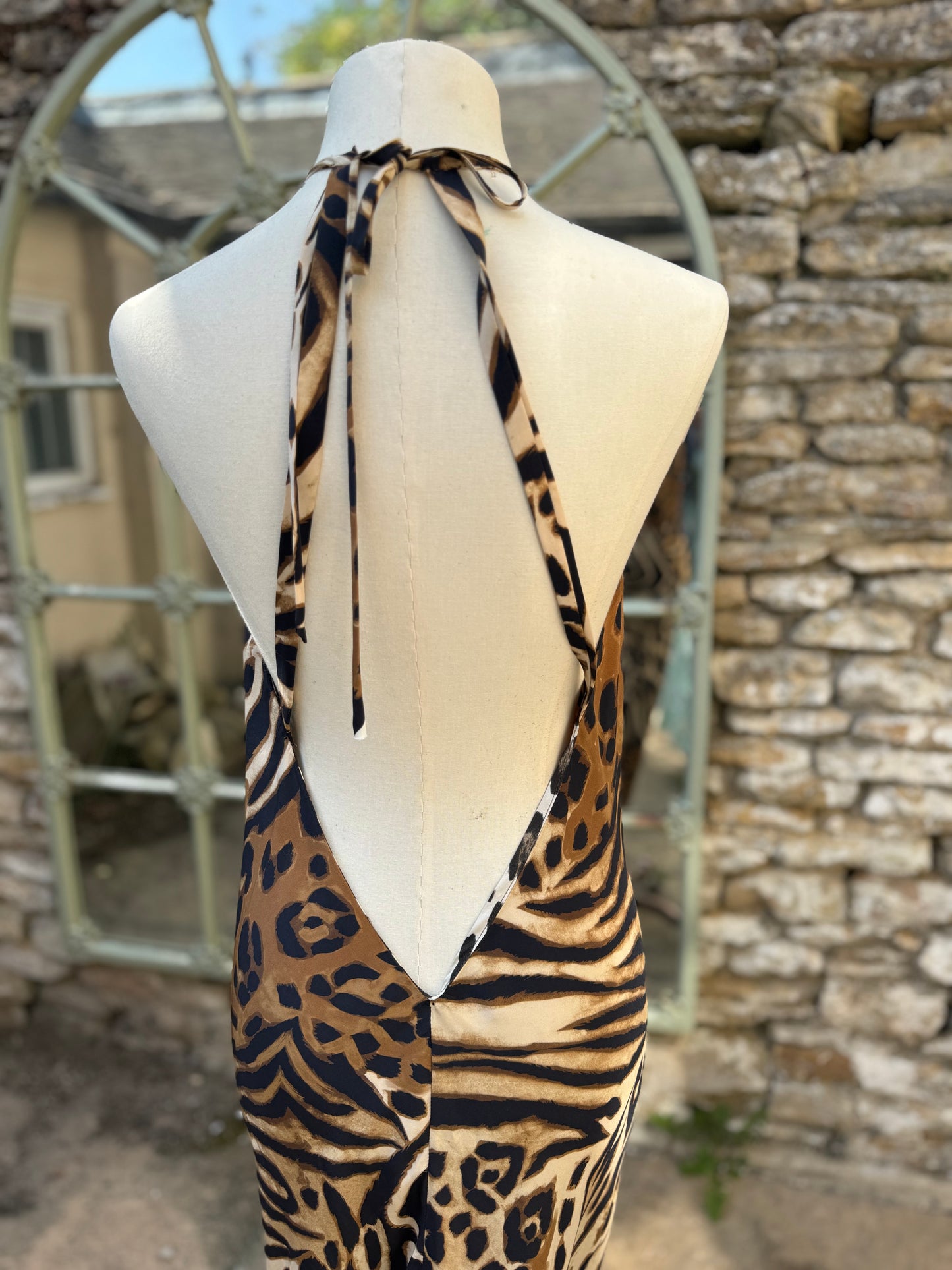 Animal Print Halterneck Bias Cut Silk Maxi Dress