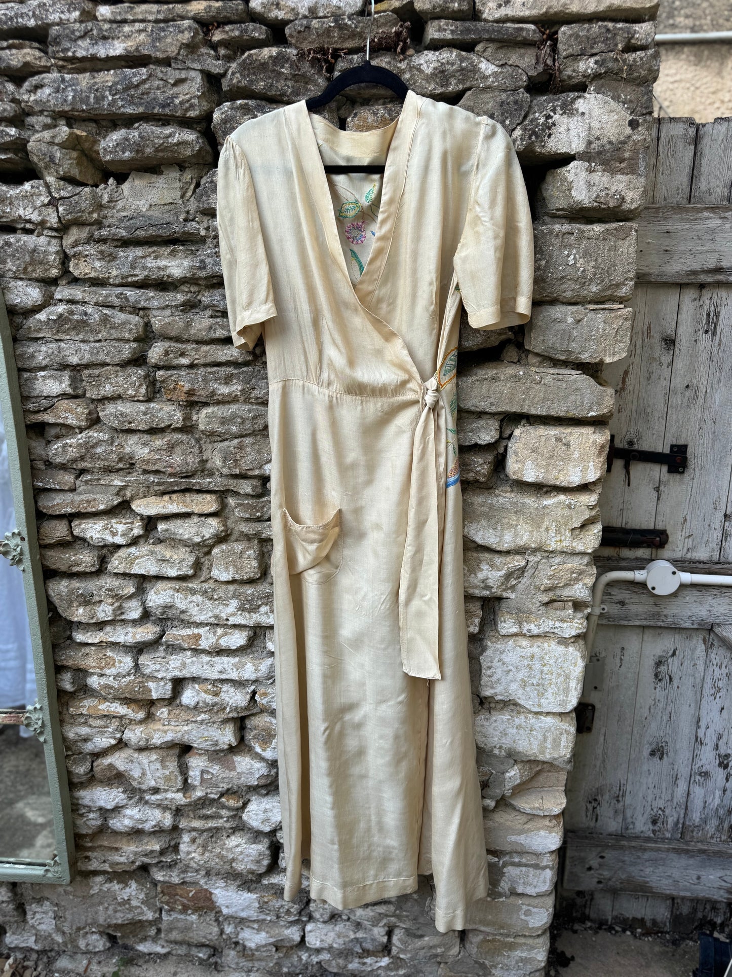 1940s Embroidered Raw Silk Wrap Dress