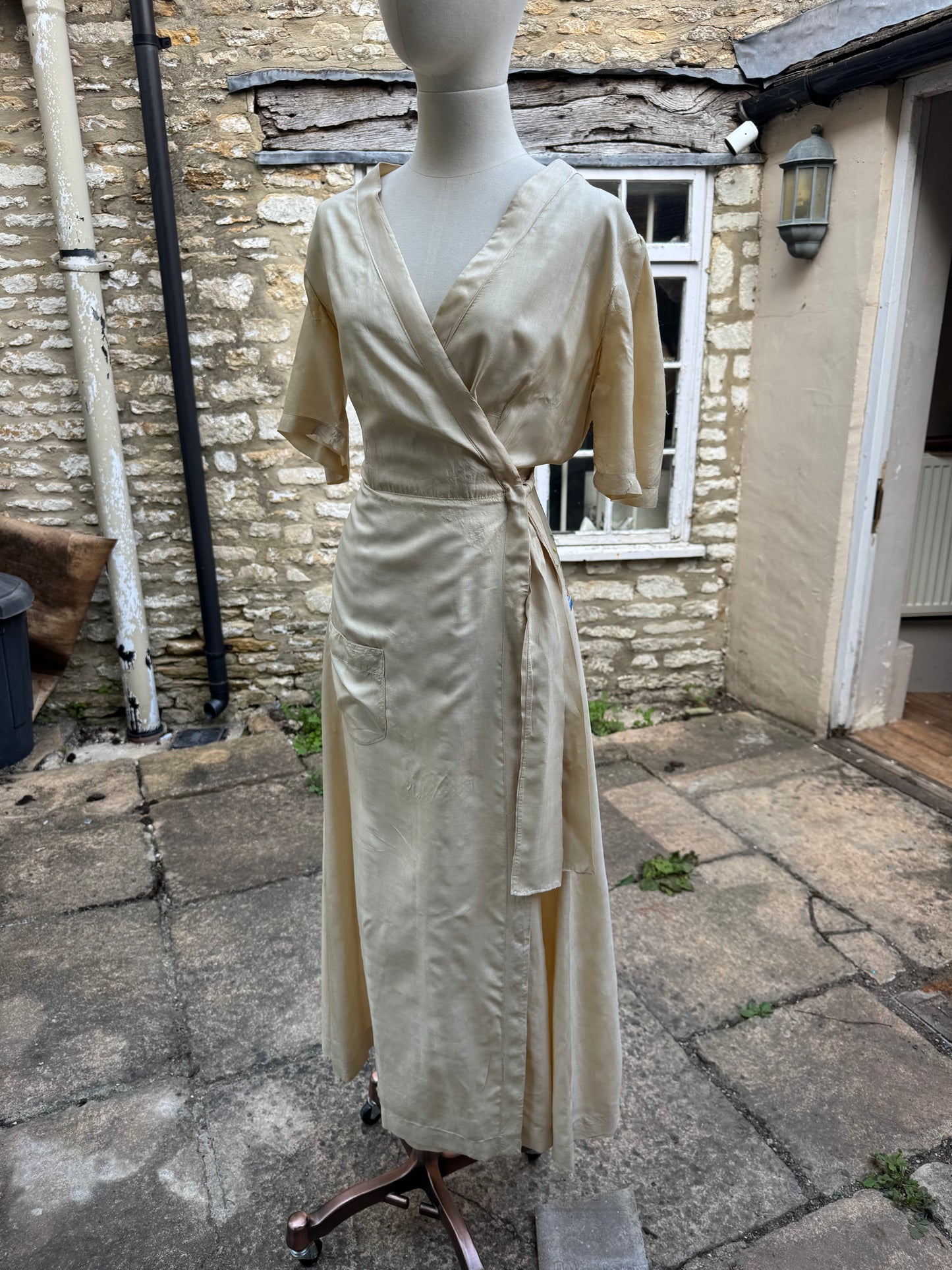 1940s Embroidered Raw Silk Wrap Dress
