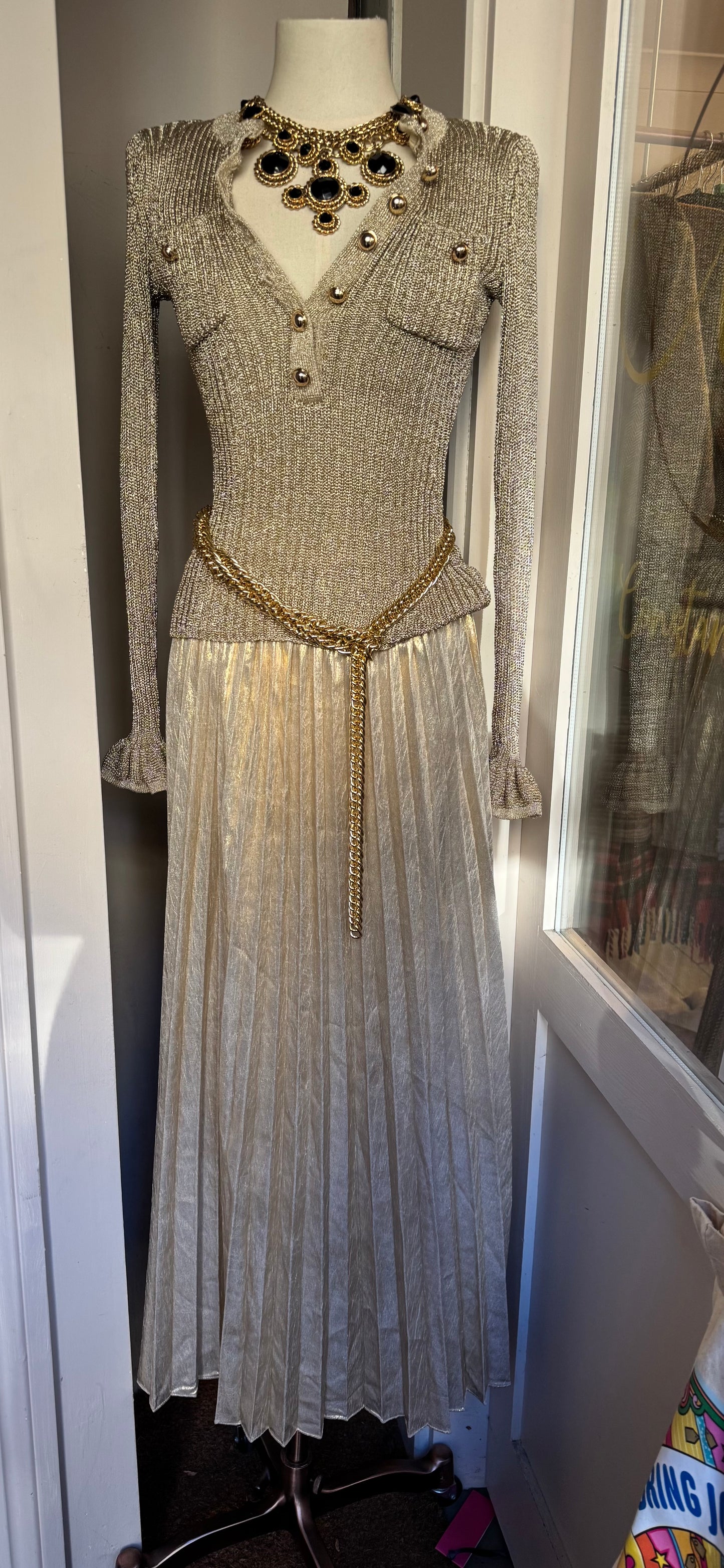 Self Portrait Gold Lurex Ribbed Knit Maxi Dress Petite Small