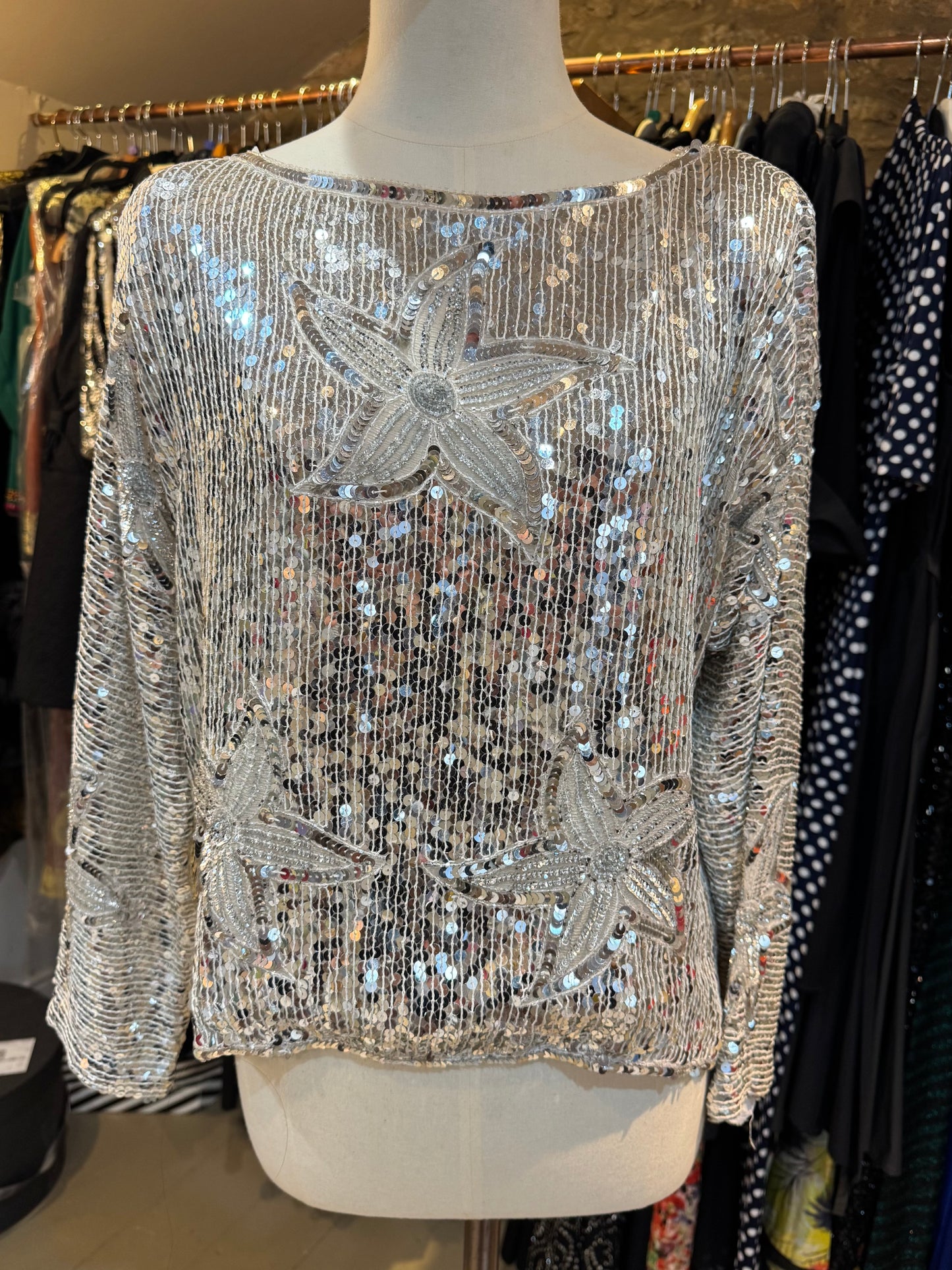 Vintage 1960s Frank Usher Silver Sequin Top – UK 12–14