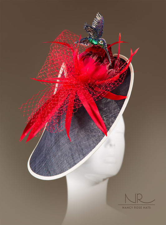 "Humdinger" A Blue and Red Sinamay Dress Hat