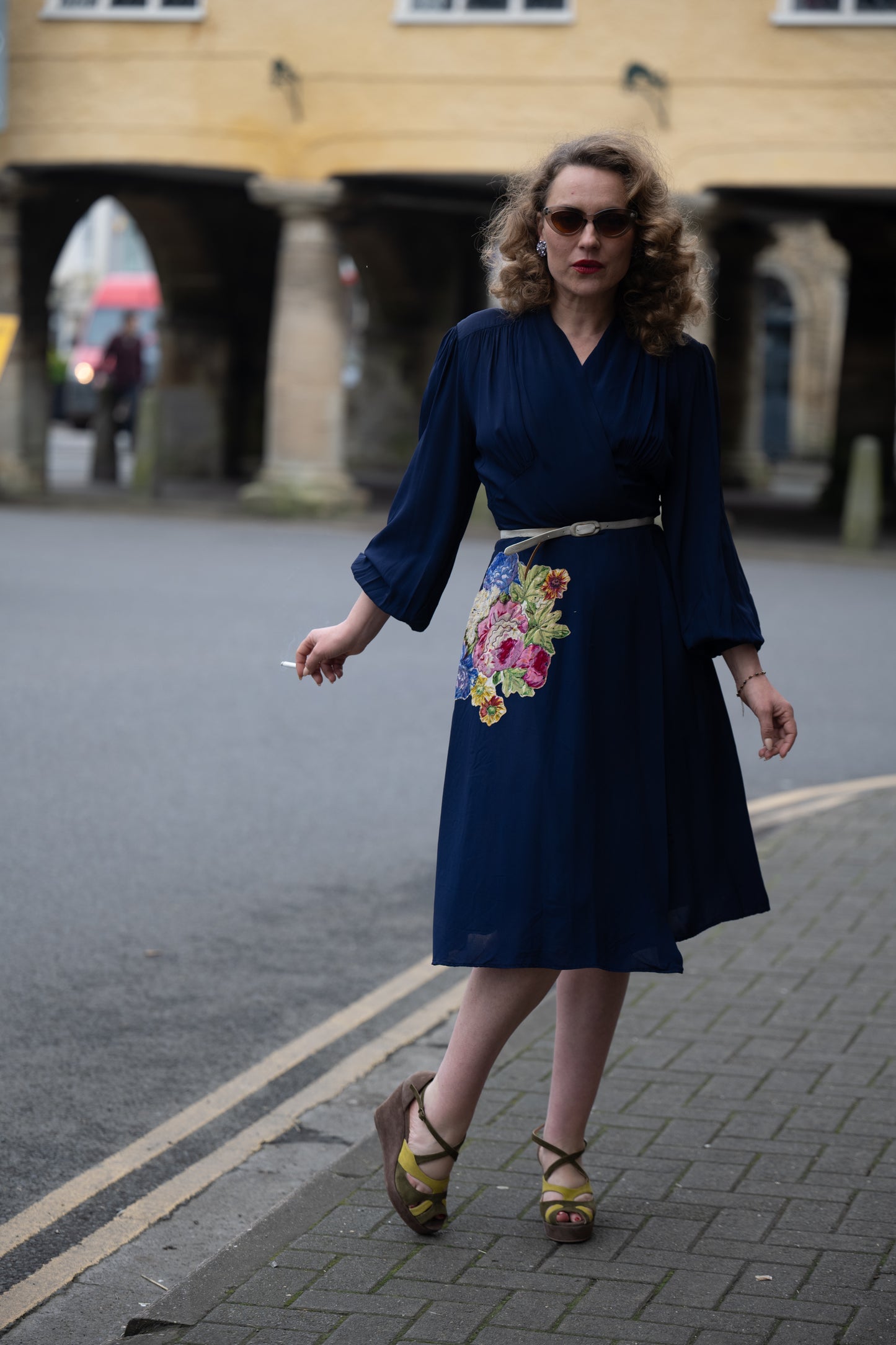 1940s Blue Wrap Dress with Appliqué