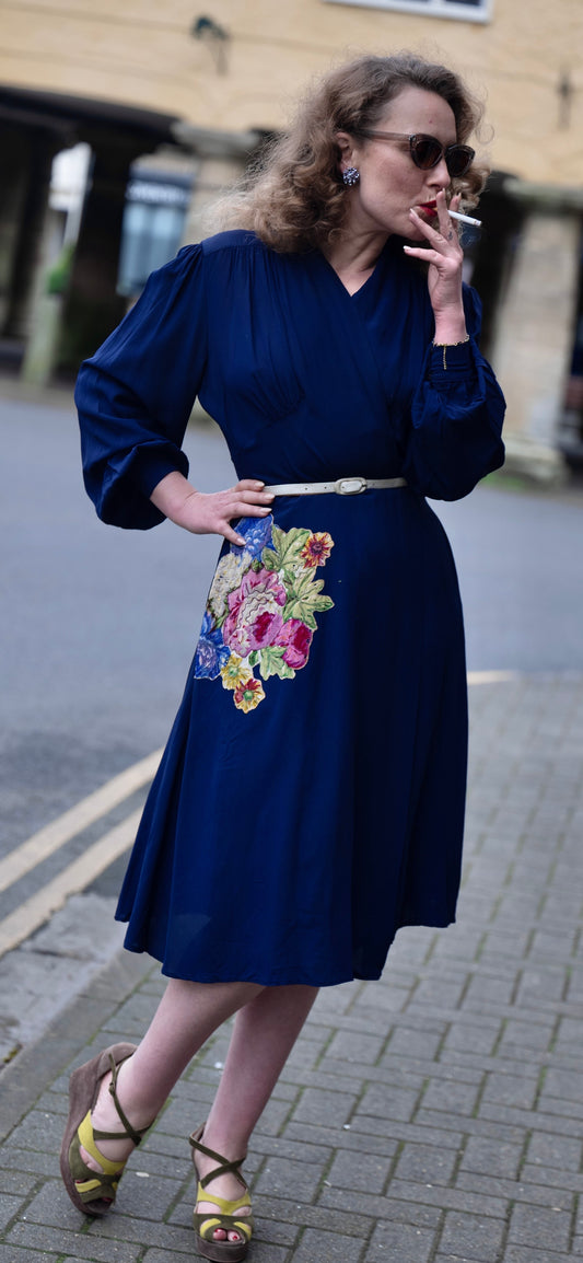 1940s Blue Wrap Dress with Appliqué
