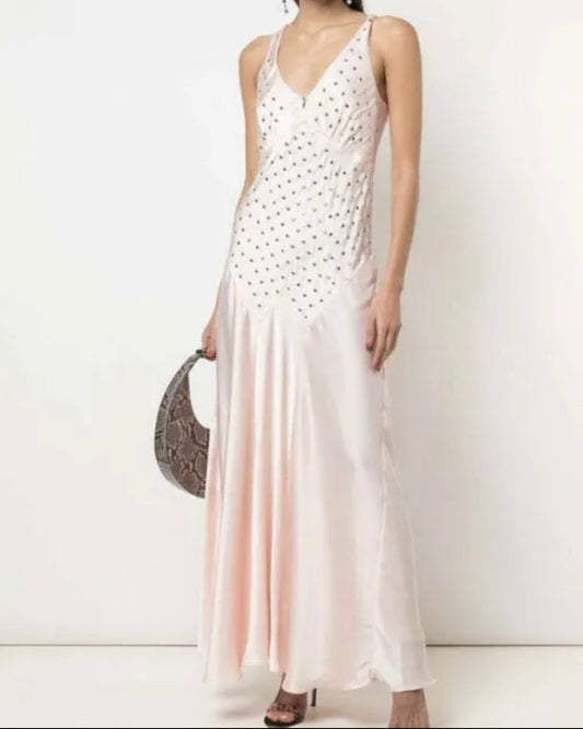 Paco Rabanne pink silk silver studded Maxi dress