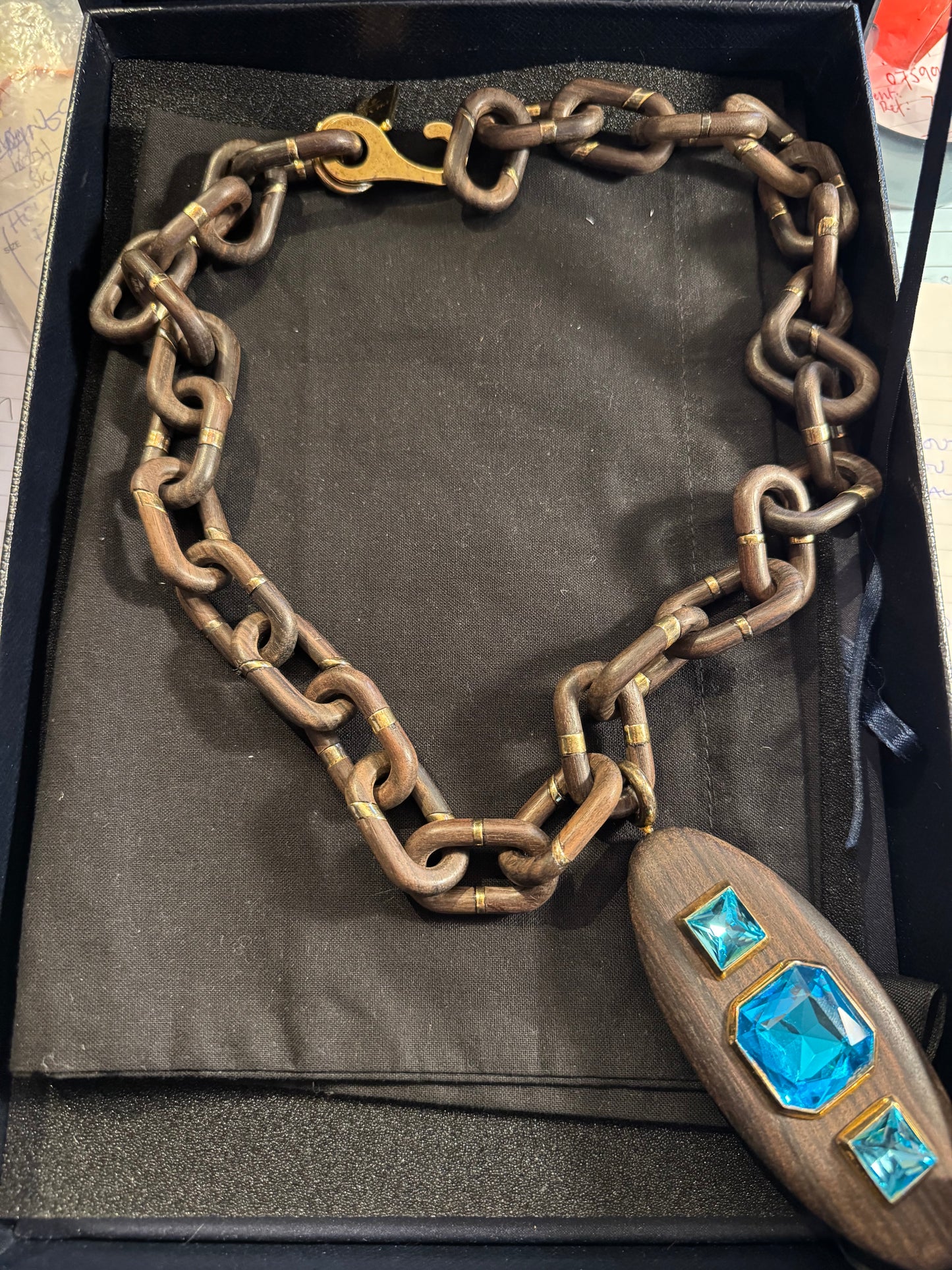 Prada Wooden Chain Necklace with Blue Crystal Pendant