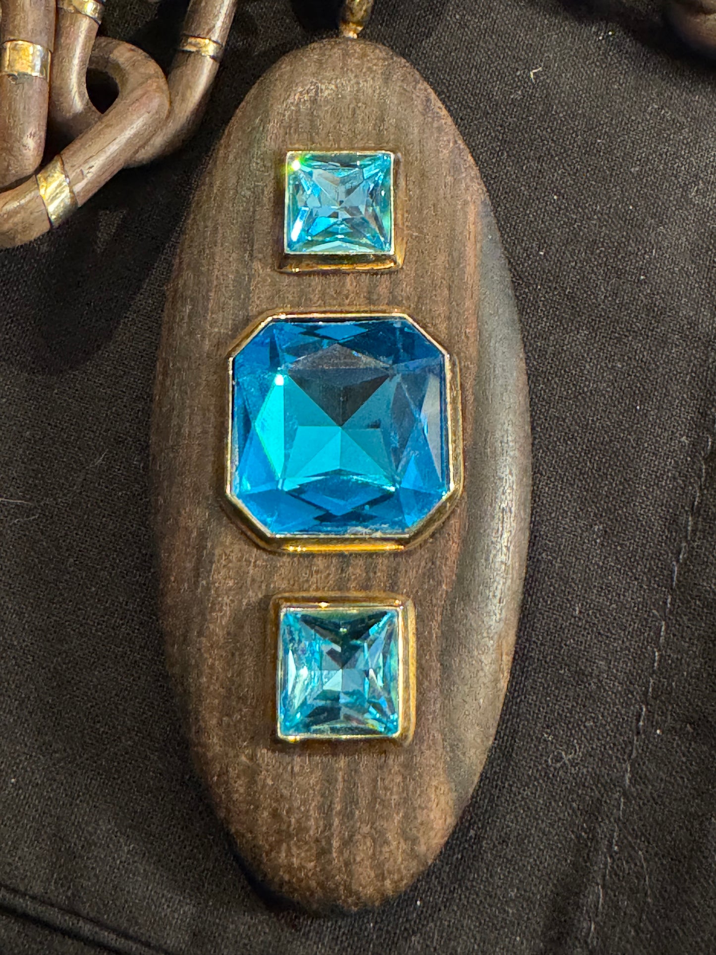 Prada Wooden Chain Necklace with Blue Crystal Pendant