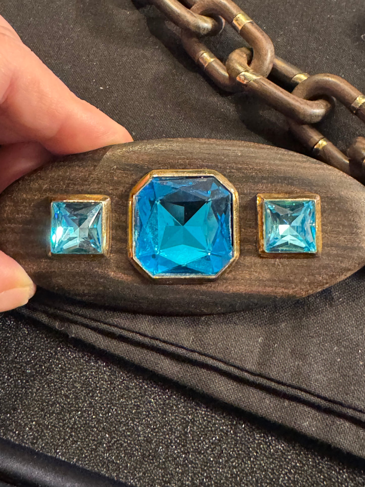 Prada Wooden Chain Necklace with Blue Crystal Pendant