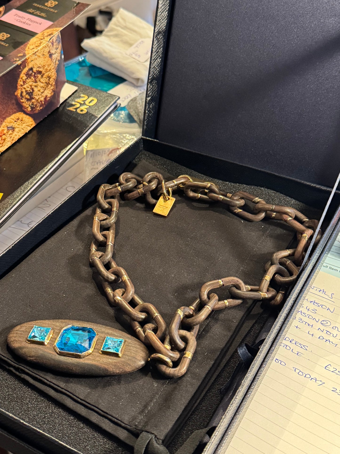 Prada Wooden Chain Necklace with Blue Crystal Pendant