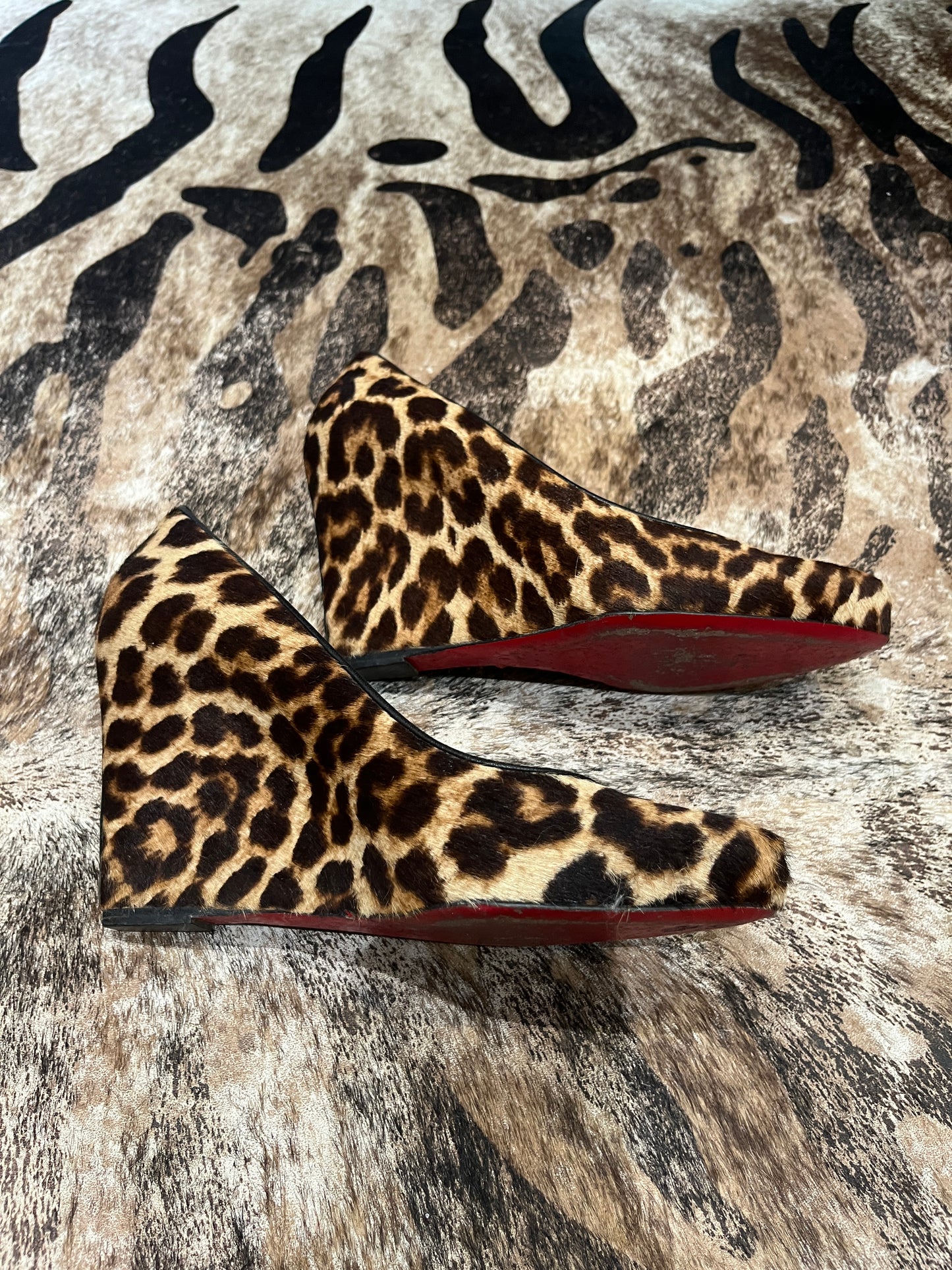 Louboutin Melissa Leopard Pony Hair Round Toe Wedge Shoes
