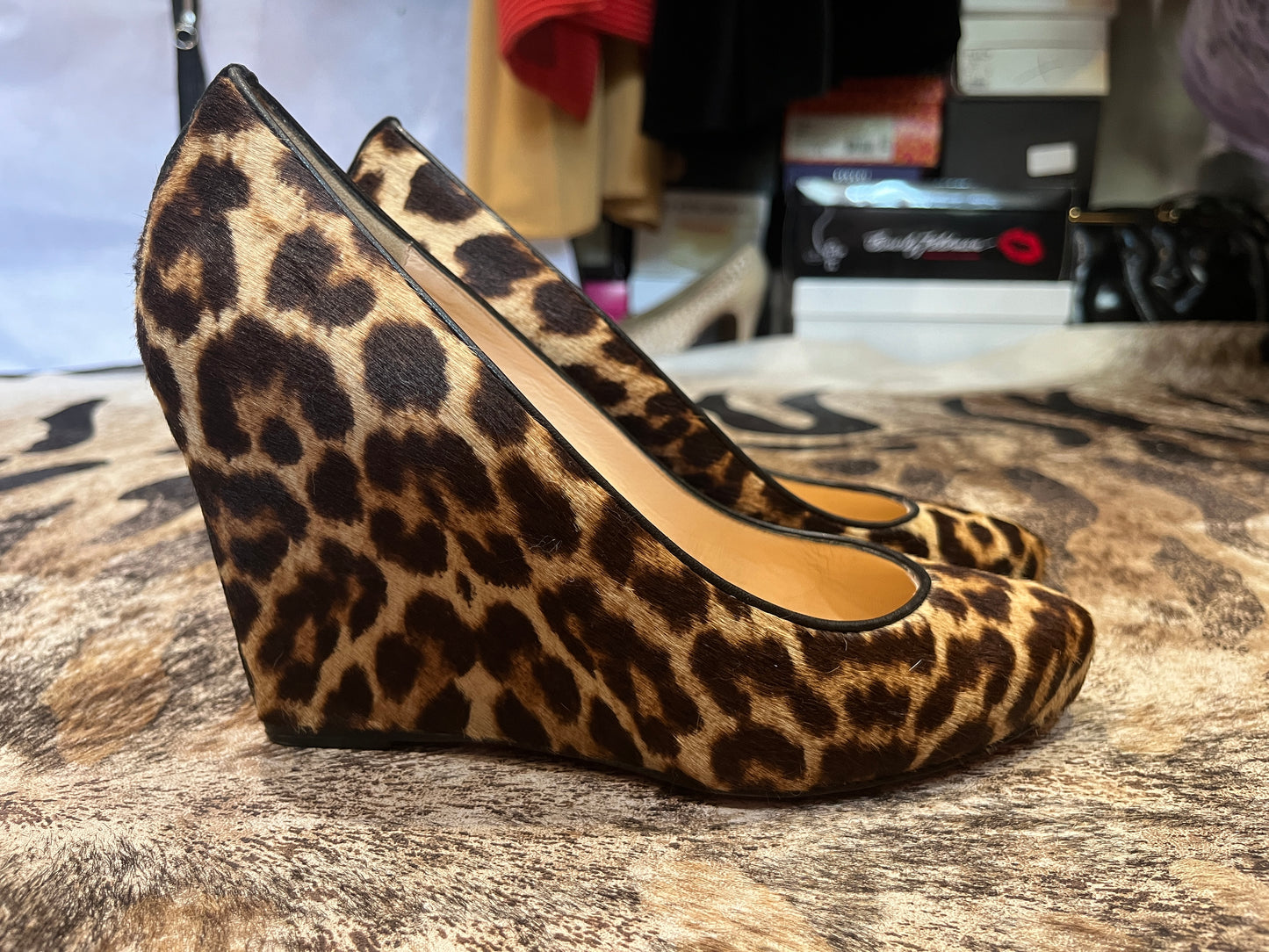Louboutin Melissa Leopard Pony Hair Round Toe Wedge Shoes