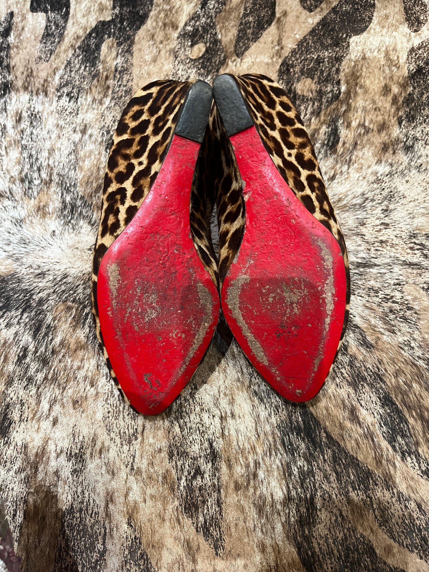Louboutin Melissa Leopard Pony Hair Round Toe Wedge Shoes