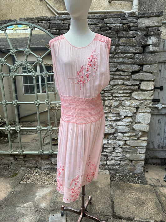 1930's Hungarian Embroidered Smocked Peach Cotton Dress