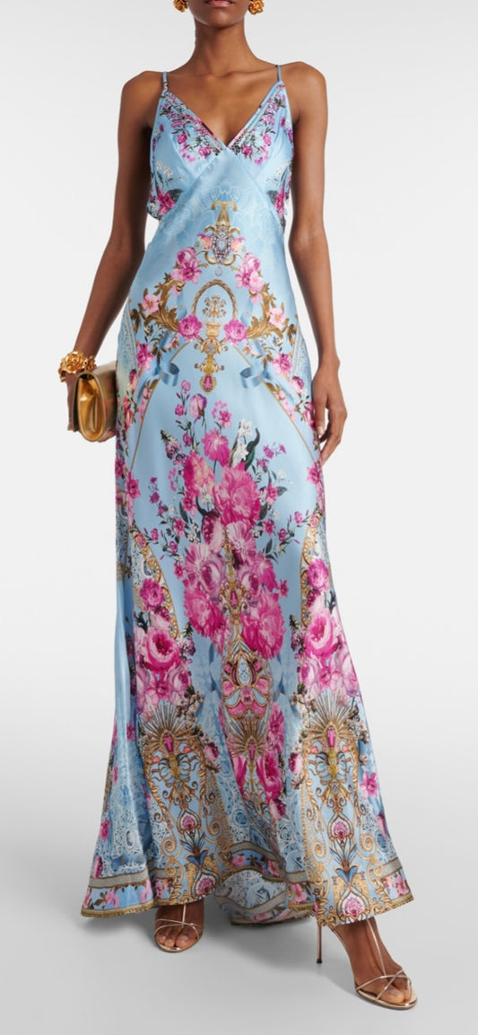 Camilla Embellished Blue Floral Silk Slip Maxi Dress