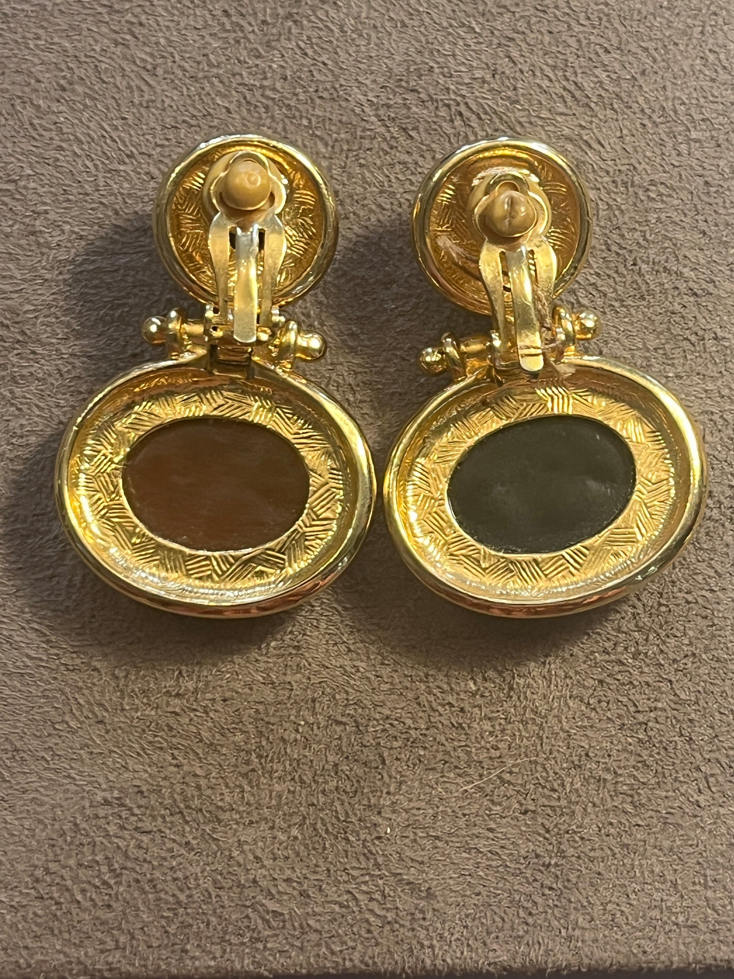 Etruscan Revival Style Carved Stone Clip On Earrings