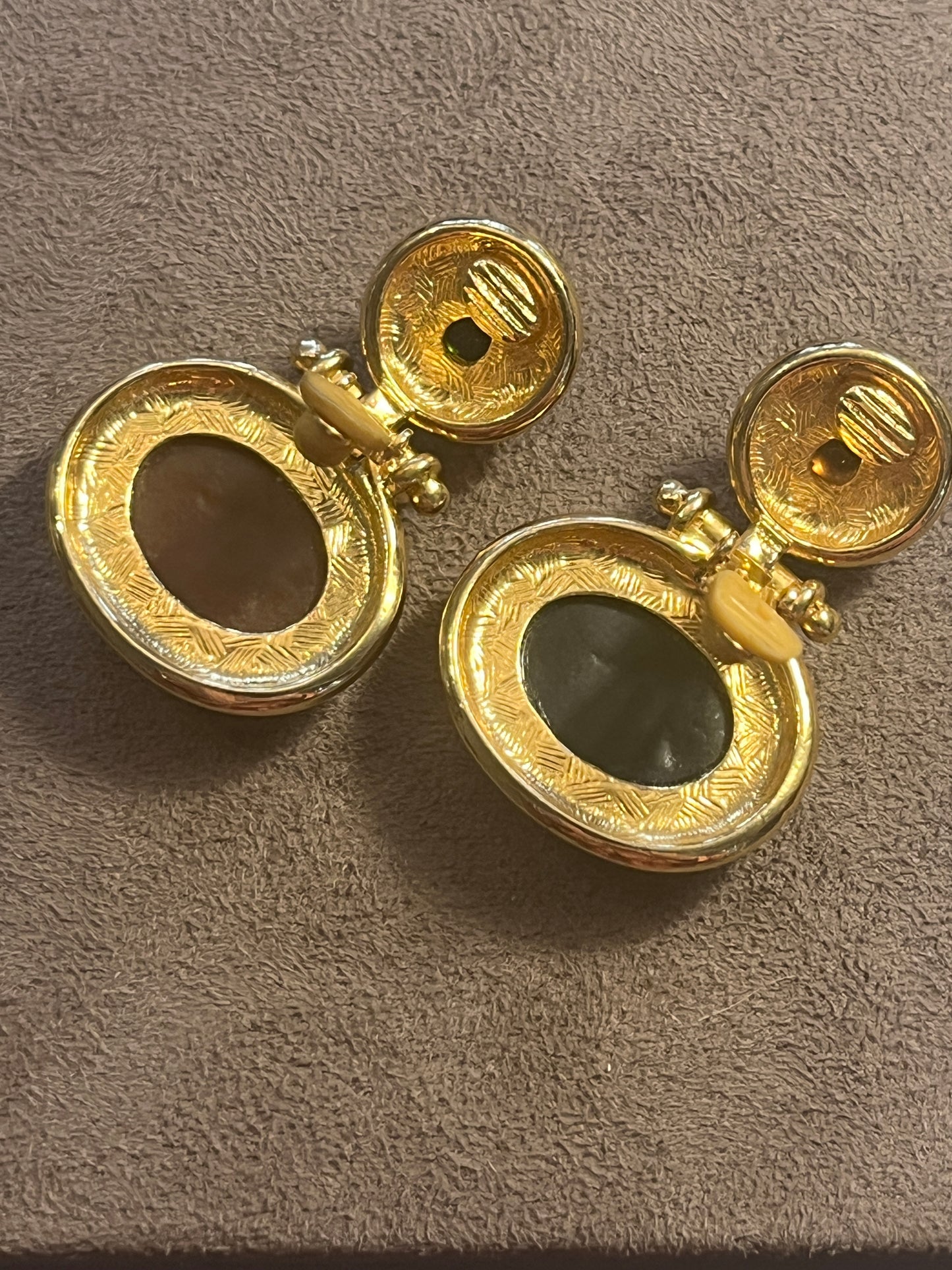 Etruscan Revival Style Carved Stone Clip On Earrings