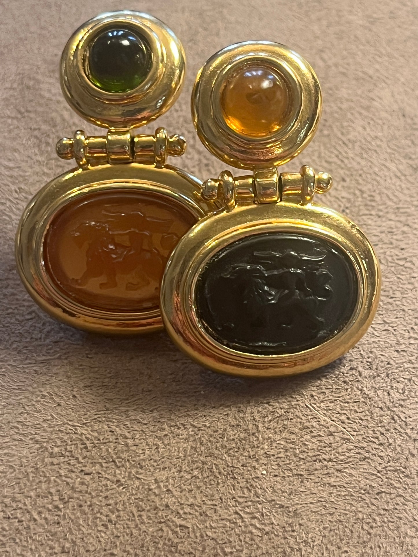 Etruscan Revival Style Carved Stone Clip On Earrings