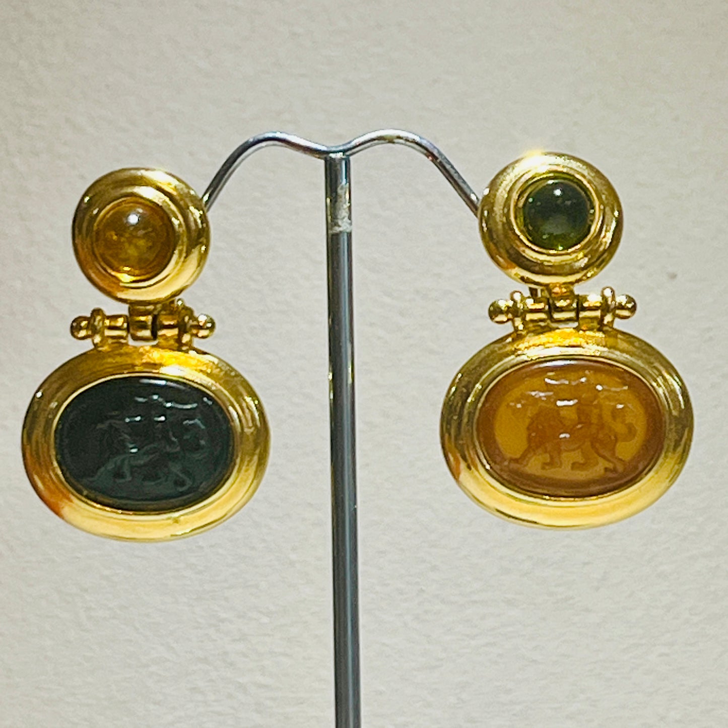 Etruscan Revival Style Carved Stone Clip On Earrings