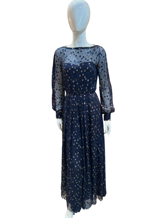 Hardy Amies 1970’s midnight blue gold polkadot dress