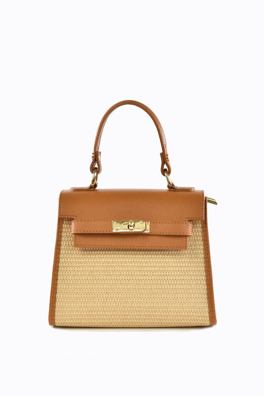 Tan Leather and Raffia Crossbody Bag