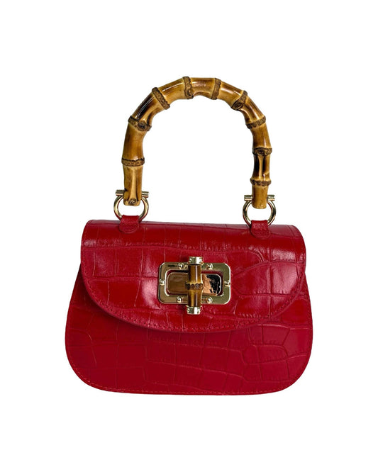 Bamboo Handle Bag in  Red Brushed Leather with Crocodile Print