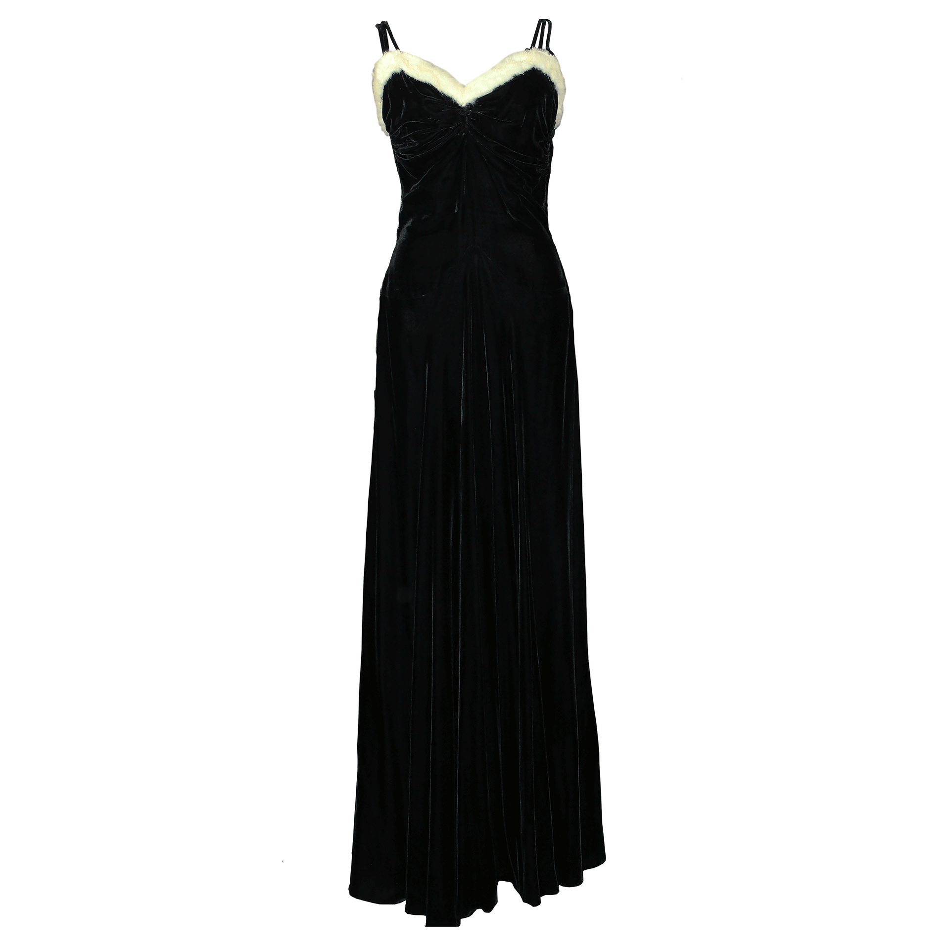 1930s Black Velvet White Fur Evening Dress  Constantine Rex