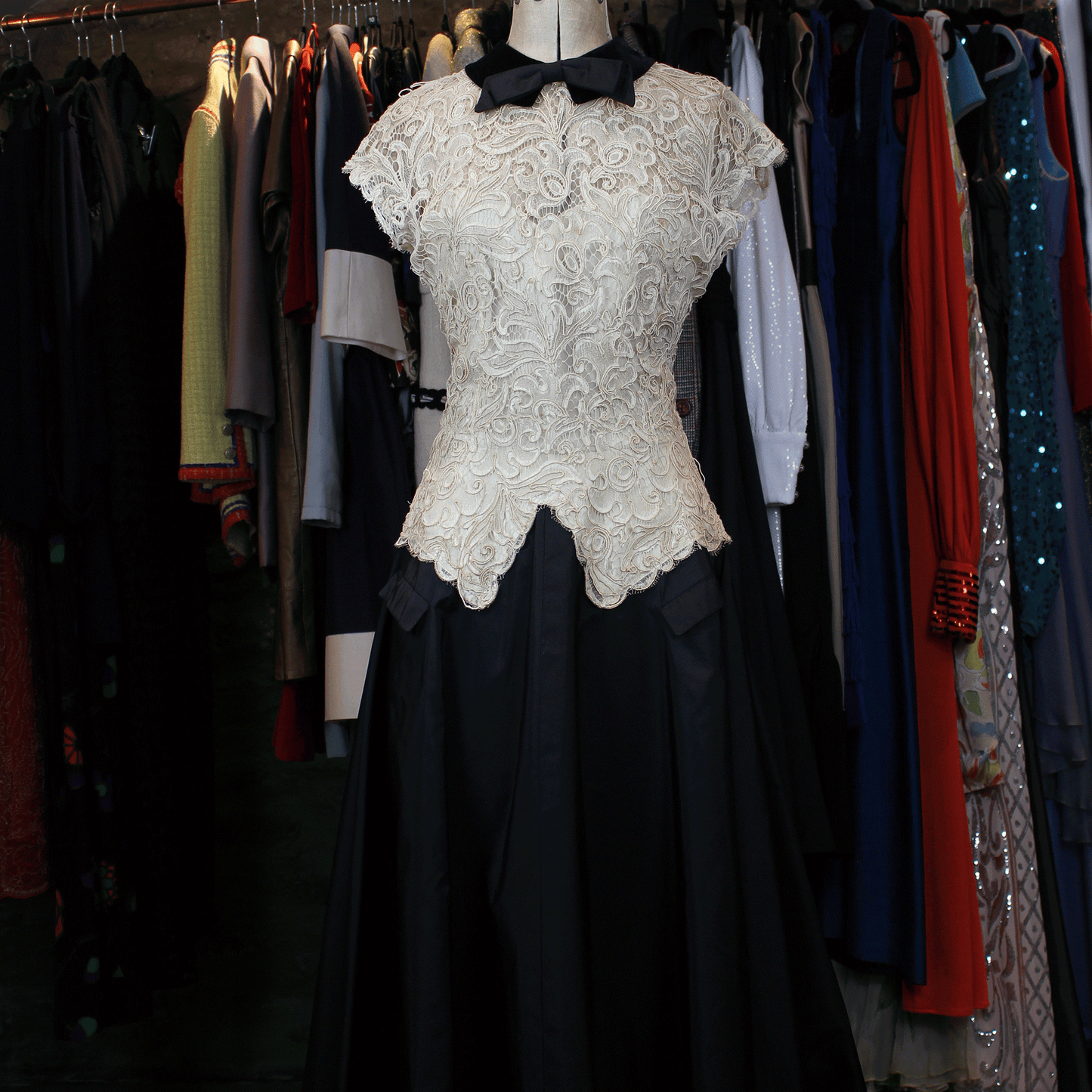 Christian Dior 1950s New Look Dress In Black satin and cream Lace