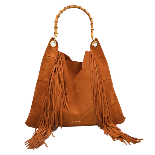 Brown Suede Shoulder Bag with Bamboo handle and fringes