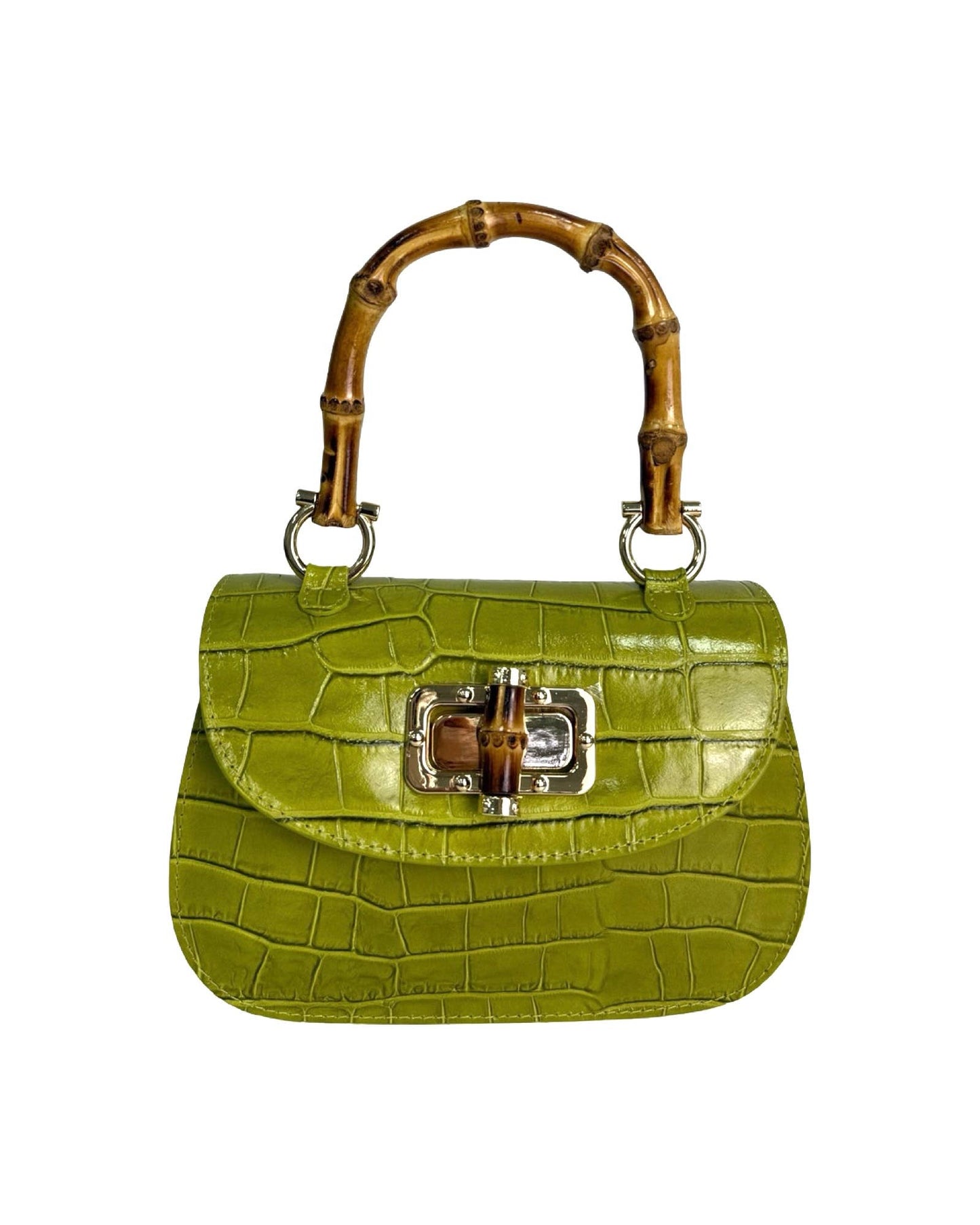 Bamboo Handle Bag in  Red Brushed Leather with Crocodile Print
