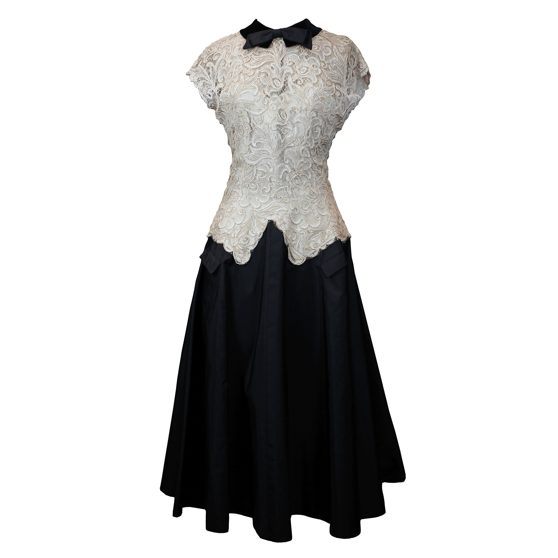 Christian Dior 1950s New Look Dress In Black satin and cream Lace